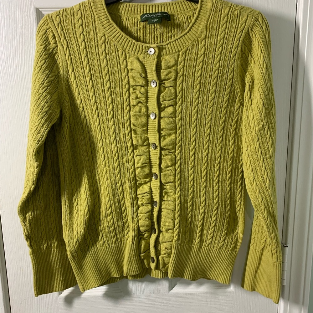 Eddie Bauer Lime Green Cable Knit Ruffle Cardigan